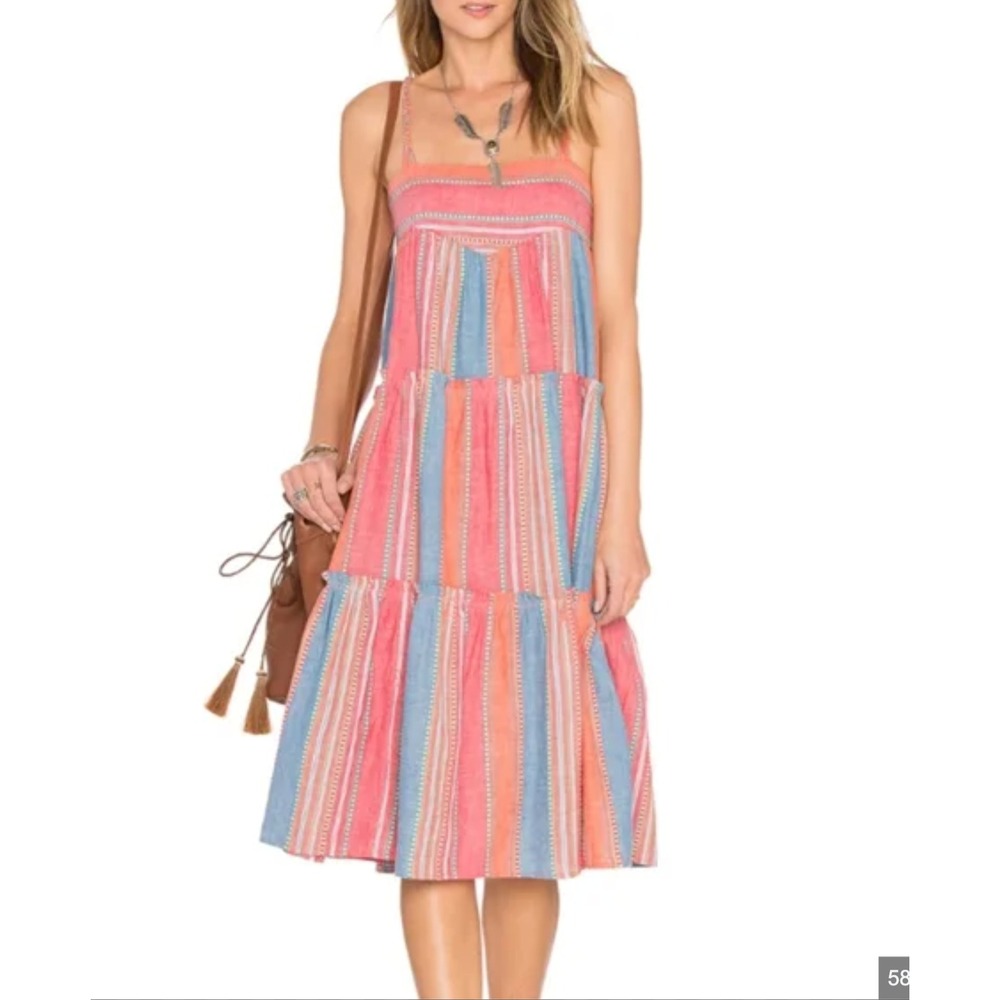 dRA Los Angeles Striped Tiered Midi Dress Womens‎ Small Orange Blue Boho Cotton